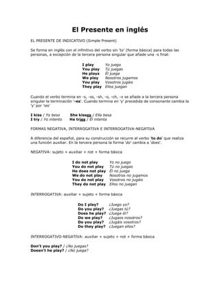 El Presente en inglés 
EL PRESENTE DE INDICATIVO (Simple Present) 
Se forma en inglés con el infinitivo del verbo sin 'to' (forma básica) para todas las 
personas, a excepción de la tercera persona singular que añade una -s final: 
I play 
You play 
He plays 
We play 
You play 
They play 
Yo juego 
Tú juegas 
Él juega 
Nosotros jugamos 
Vosotros jugáis 
Ellos juegan 
Cuando el verbo termina en -s, -ss, -sh, -o, -ch, -x se añade a la tercera persona 
singular la terminación '-es'. Cuando termina en 'y' precedida de consonante cambia la 
'y' por 'ies' 
I kiss / Yo beso She kisses / Ella besa 
I try / Yo intento He tries / Él intenta 
FORMAS NEGATIVA, INTERROGATIVA E INTERROGATIVA-NEGATIVA 
A diferencia del español, para su construcción se recurre al verbo 'to do' que realiza 
una función auxiliar. En la tercera persona la forma 'do' cambia a 'does'. 
NEGATIVA: sujeto + auxiliar + not + forma básica 
I do not play 
You do not play 
He does not play 
We do not play 
You do not play 
They do not play 
Yo no juego 
Tú no juegas 
Él no juega 
Nosotros no jugamos 
Vosotros no jugáis 
Ellos no juegan 
INTERROGATIVA: auxiliar + sujeto + forma básica 
Do I play? 
Do you play? 
Does he play? 
Do we play? 
Do you play? 
Do they play? 
¿Juego yo? 
¿Juegas tú? 
¿Juega él? 
¿Jugaos nosotros? 
¿Jugáis vosotros? 
¿Juegan ellos? 
INTERROGATIVO-NEGATIVA: auxiliar + sujeto + not + forma básica 
Don't you play? / ¿No juegas? 
Doesn't he play? / ¿No juega? 
 