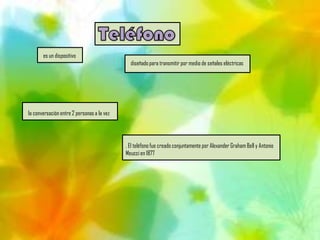 es un dispositivo
                                              diseñado para transmitir por medio de señales eléctricas




la conversación entre 2 personas a la vez




                                            . El teléfono fue creado conjuntamente por Alexander Graham Bell y Antonio
                                            Meucci en 1877
 