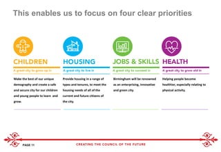 This enables us to focus on four clear priorities
PAGE 11
Make the best of our unique
demography and create a safe
and secure city for our children
and young people to learn and
grow.
Provide housing in a range of
types and tenures, to meet the
housing needs of all of the
current and future citizens of
the city.
Birmingham will be renowned
as an enterprising, innovative
and green city.
Helping people become
healthier, especially relating to
physical activity.
 