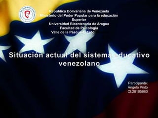 República Bolivariana de Venezuela
Ministerio del Poder Popular para la educación
Superior
Universidad Bicentenaria de Aragua
Facultad de Psicología
Valle de la Pascua-Estado Guárico
Participante:
Ángela Pinto
CI:28105860
 