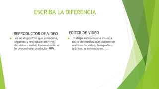 ESCRIBA LA DIFERENCIA
REPRODUCTOR DE VIDEO
 es un dispositivo que almacena,
organiza y reproduce archivos
de video , audio, Comúnmente se
le denominare productor MP4,
EDITOR DE VIDEO
 Trabajo audiovisual o visual a
partir de medios que pueden ser
archivos de video, fotografías,
gráficos, o animaciones. ...
 