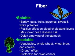 Fiber 
•Soluble 
•Barley, oats, fruits, legumes, sweet & 
white potatoes 
•Positive effect on blood cholesterol levels 
•May lower heart disease risk 
•Delay emptying of the stomach 
•Insoluble 
•Vegetables, whole wheat, wheat bran, 
and cereals 
•“Drano” effect 
•Protective for colon cancer 
 
