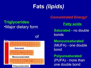 Fats (lipids) 
Triglycerides 
•Major dietary form 
of 
fat 
Saturated 
Monounsaturated 
Polyunsaturated 
Concentrated Energy! 
Fatty acids 
Saturated - no double 
bonds 
Monounsaturated 
(MUFA) - one double 
bond 
Polyunsaturated 
(PUFA) - more than 
one double bond 
 