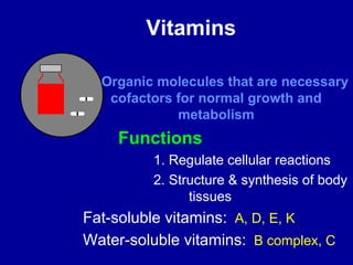 Vitamins 
Organic molecules that are necessary 
cofactors for normal growth and 
metabolism 
Functions 
1. Regulate cellular reactions 
2. Structure & synthesis of body 
tissues 
Fat-soluble vitamins: A, D, E, K 
Water-soluble vitamins: B complex, C 
 