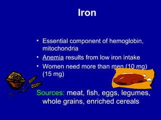 Iron 
• Essential component of hemoglobin, 
mitochondria 
• Anemia results from low iron intake 
• Women need more than men (10 mg) 
(15 mg) 
Sources: meat, fish, eggs, legumes, 
whole grains, enriched cereals 
 