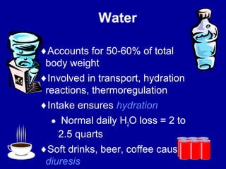Water 
¨Accounts for 50-60% of total 
body weight 
¨Involved in transport, hydration 
reactions, thermoregulation 
¨Intake ensures hydration 
· Normal daily H2O loss = 2 to 
2.5 quarts 
¨Soft drinks, beer, coffee cause 
diuresis 
 