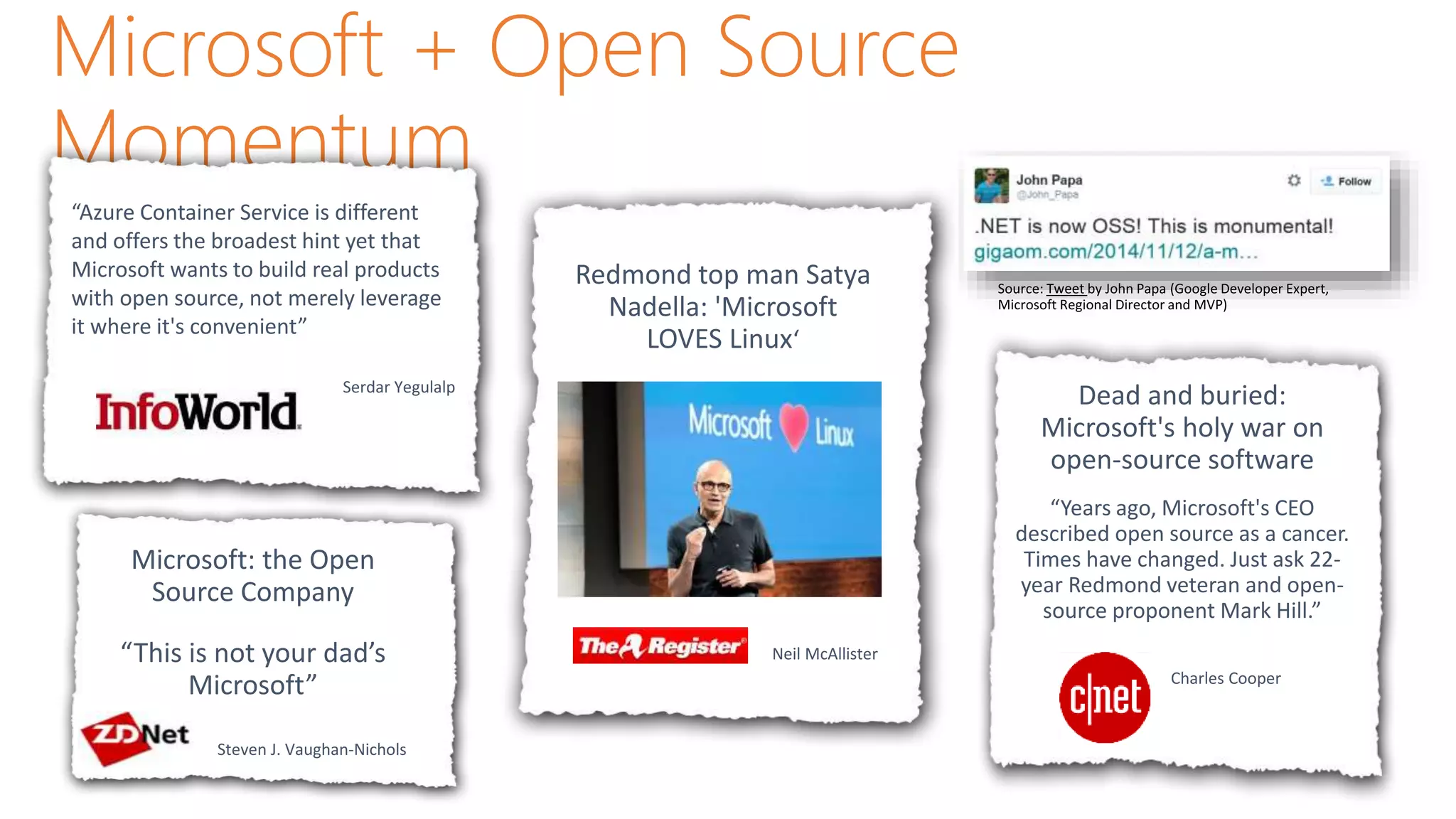 Microsoft + Open Source
Momentum
Dead and buried:
Microsoft's holy war on
open-source software
“Years ago, Microsoft's CEO
described open source as a cancer.
Times have changed. Just ask 22-
year Redmond veteran and open-
source proponent Mark Hill.”
Charles Cooper
Redmond top man Satya
Nadella: 'Microsoft
LOVES Linux‘
Neil McAllister
Microsoft: the Open
Source Company
“This is not your dad’s
Microsoft”
Steven J. Vaughan-Nichols
Tweet
“Azure Container Service is different
and offers the broadest hint yet that
Microsoft wants to build real products
with open source, not merely leverage
it where it's convenient”
Serdar Yegulalp
 