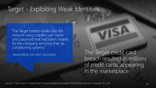“The Target hackers broke into the
network using a stolen user name
and password that had been created
for the company servicing their air
conditioning systems.”
BRAIN KREBS (SECURITY BLOGGER)
Target - Exploiting Weak Identities
Source: “Cards Stolen in Target Breach Flood Underground Markets,” KrebsOnSecurity.com, December 20, 2013 13
 