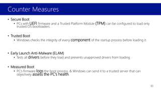 Counter Measures
30
• Secure Boot
• PCs with UEFI firmware and a Trusted Platform Module (TPM) can be configured to load only
trusted OS bootloaders
• Trusted Boot
• Windows checks the integrity of every component of the startup process before loading it.
• Early Launch Anti-Malware (ELAM)
• Tests all drivers before they load and prevents unapproved drivers from loading
• Measured Boot
• PC’s firmware logs the boot process, & Windows can send it to a trusted server that can
objectively assess the PC’s health.
 