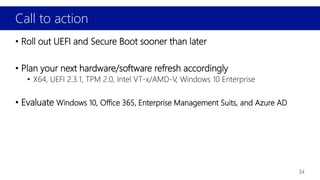 Call to action
34
• Roll out UEFI and Secure Boot sooner than later
• Plan your next hardware/software refresh accordingly
• X64, UEFI 2.3.1, TPM 2.0, Intel VT-x/AMD-V, Windows 10 Enterprise
• Evaluate Windows 10, Office 365, Enterprise Management Suits, and Azure AD
 