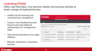 14
Licensing Portal
• Unified volume licensing and
centralized key management
• Create a new Parallels Business
Account and add additional
administrators for management
tasks
• View license expirations and usage
statistics
• Blacklist, deactivate or repurpose
licenses
Offers vital information, and real-time visibility into licensing activities to
easily manage all deployed licenses
 
