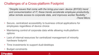 2
Challenges of a Cross-platform Footprint
• Secure, centralized accessibility to business critical applications for
employees regardless of device choice
• Maintaining control of corporate data while allowing multi-platform
options
• Lack of internal resources for centralized management of minority
hardware footprint
• Time investments to support dual-desktops
• Budget constraints
“Despite issues that come with the bring-your-own- device (BYOD) trend
and consumerization of IT, these trends accelerate employee productivity,
allow remote access to corporate data, and improves worker flexibility.”
-Trend Micro
 