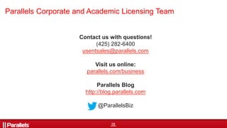 28
Contact us with questions!
(425) 282-6400
usentsales@parallels.com
Visit us online:
parallels.com/business
Parallels Bl...
