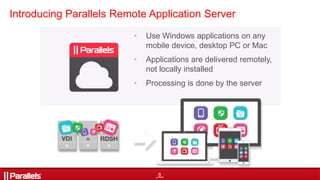8
Introducing Parallels Remote Application Server
• Use Windows applications on any
mobile device, desktop PC or Mac
• App...