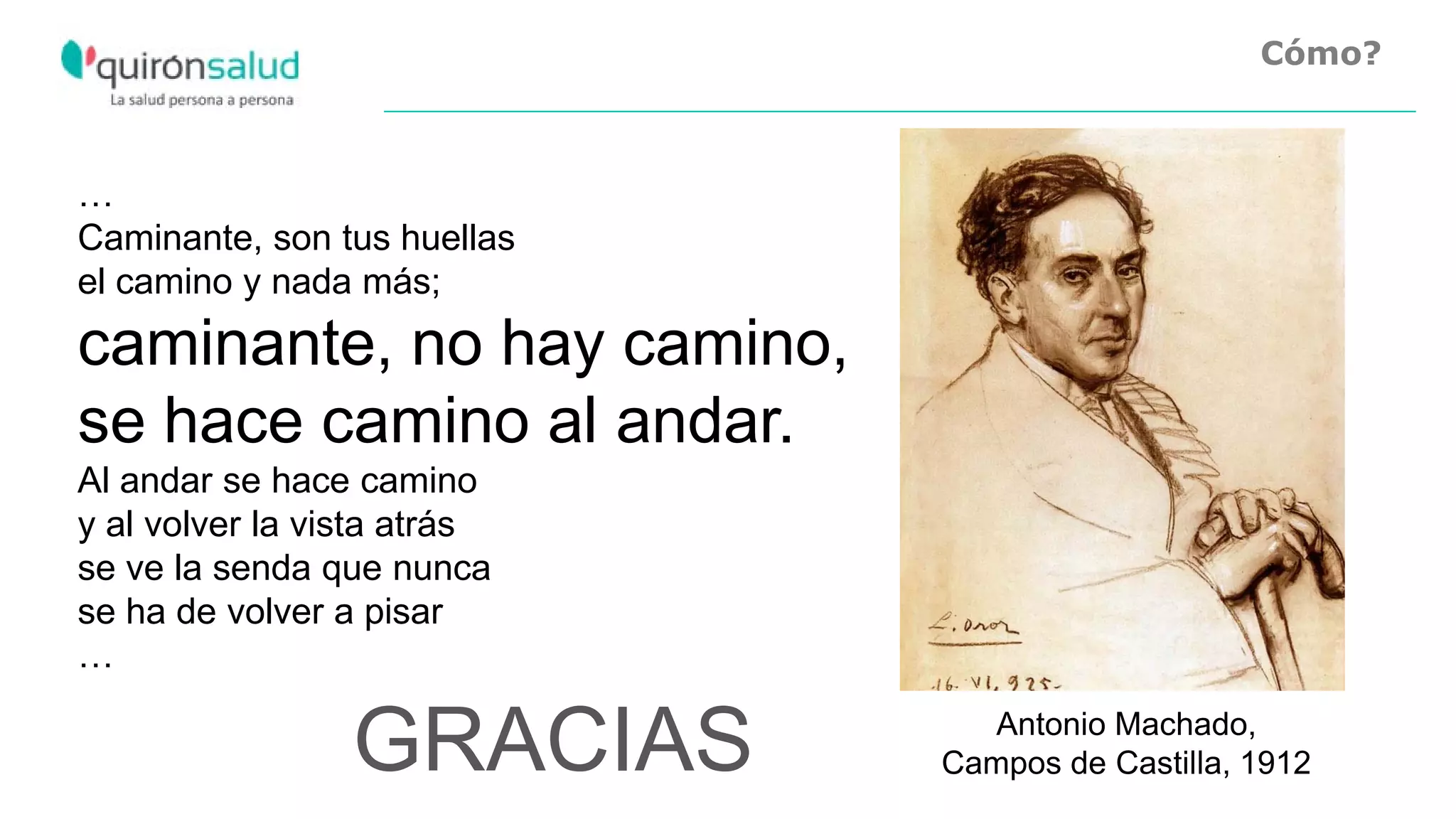 Cómo?
…
Caminante, son tus huellas
el camino y nada más;
caminante, no hay camino,
se hace camino al andar.
Al andar se hace camino
y al volver la vista atrás
se ve la senda que nunca
se ha de volver a pisar
…
Antonio Machado,
Campos de Castilla, 1912GRACIAS
 