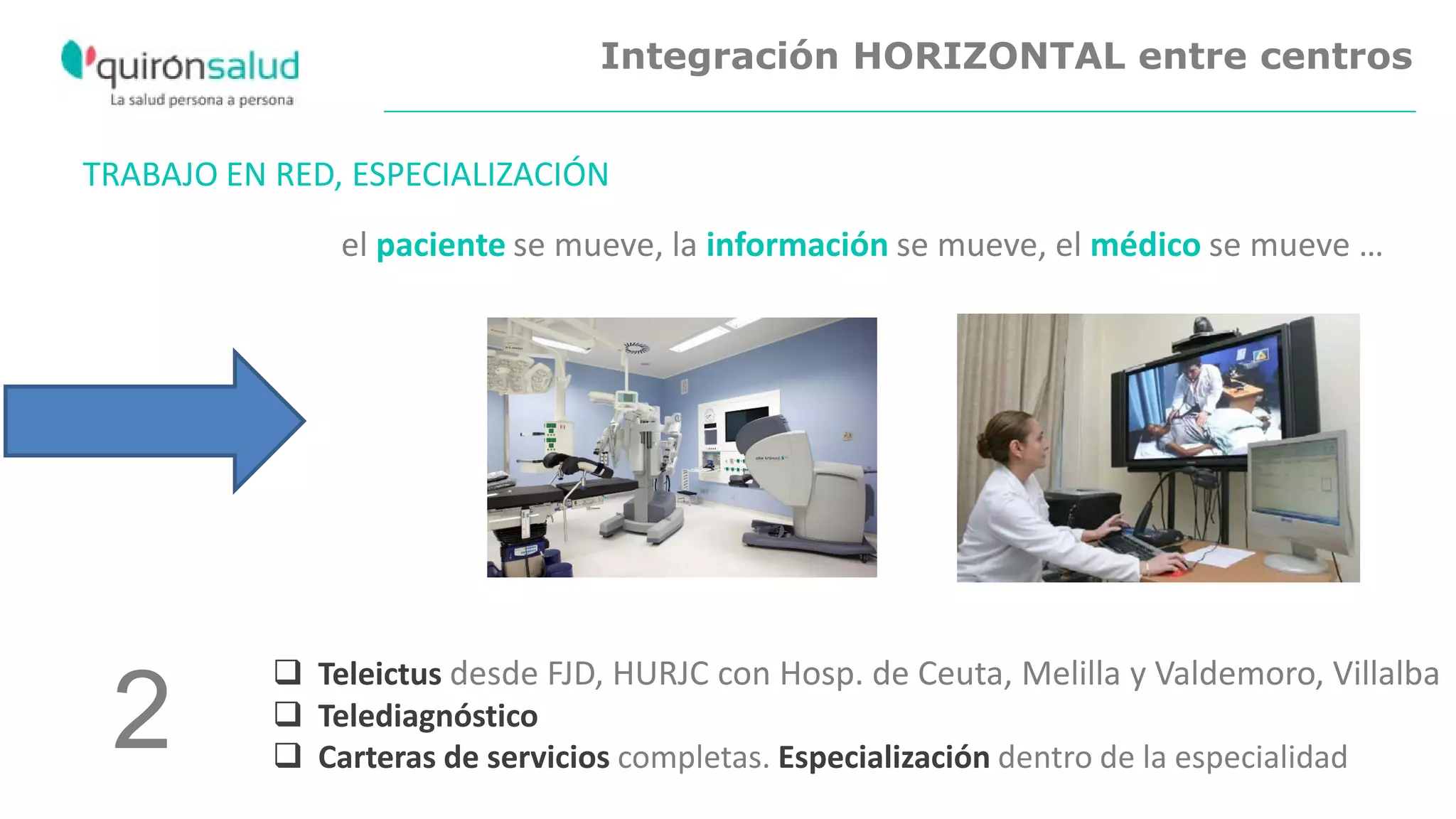 Integración HORIZONTAL entre centros
TRABAJO EN RED, ESPECIALIZACIÓN
el paciente se mueve, la información se mueve, el médico se mueve …
 Teleictus desde FJD, HURJC con Hosp. de Ceuta, Melilla y Valdemoro, Villalba
 Telediagnóstico
 Carteras de servicios completas. Especialización dentro de la especialidad
2
 