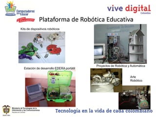 Plataforma de Robótica Educativa
Kits de dispositivos robóticos




                                          Proyectos de Robótica y Automática
  Estación de desarrollo EDERA portátil

                                                                 Arte
                                                                 Robótico
 
