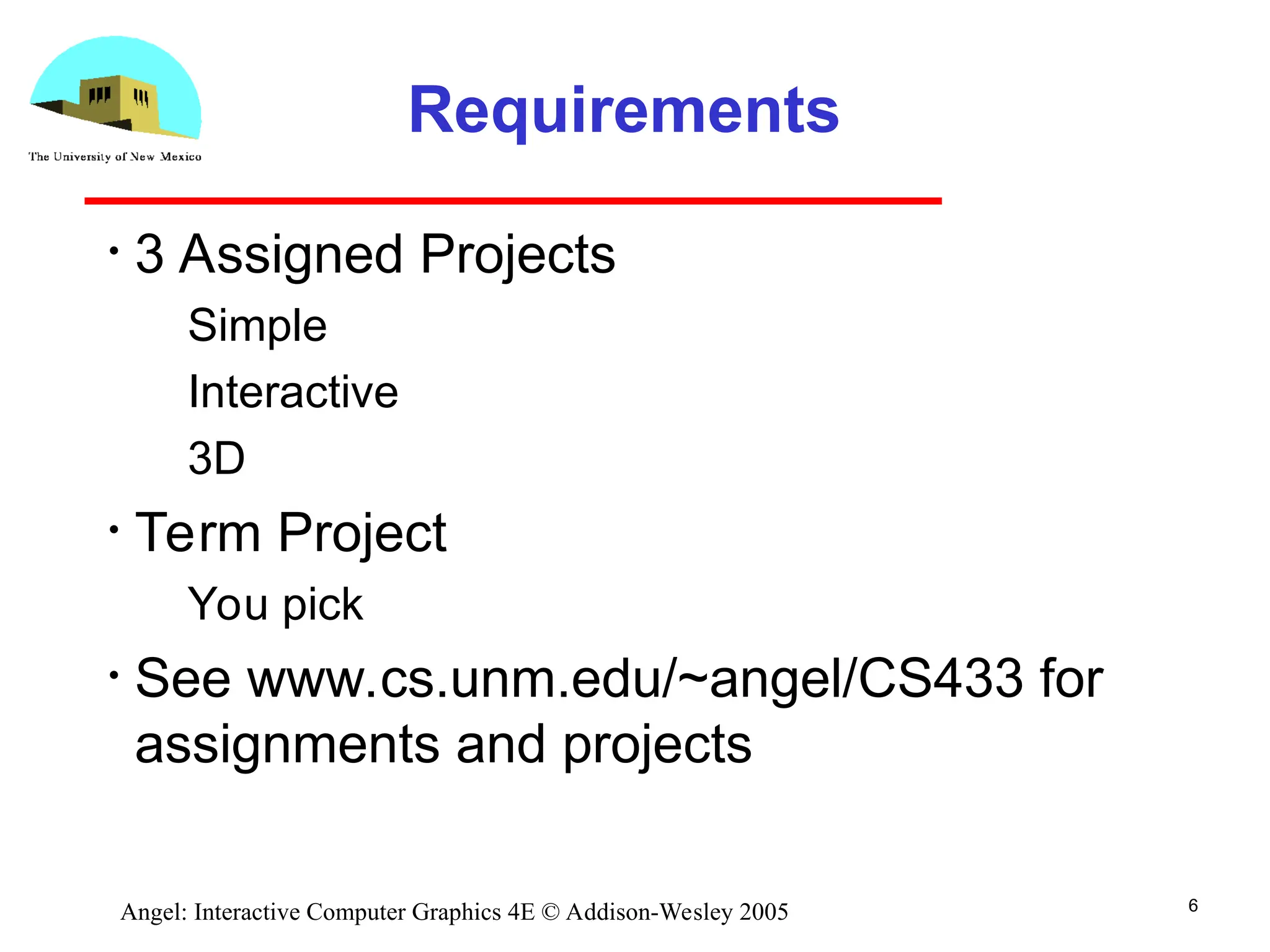 6 Angel: Interactive Computer Graphics 4E © Addison-Wesley 2005 Requirements • 3 Assigned Projects ­ Simple ­ Interactive ­ 3D • Term Project ­ You pick • See www.cs.unm.edu/~angel/CS433 for assignments and projects 