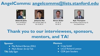Mentors
● Craig Seidel
● LtCol Richard Lawson
● CDR Jack Souders
Sponsor
● Maj Richard Barnes (DIU)
● Mark Breier (In-Q-Tel)
TA: Sally Egan
AngelComms: angelcomms@lists.stanford.edu
Simon Acker
M.S. EE ‘22
B.S. EE ‘21
Johannes Hui
M.A. Intl Policy (ISEC) ‘22
B.S. CS (AI) ‘21
Deborah Jantz
B.A.H. Intl Relations
and Security ‘22
Kyle Thompson
M.A. Intl Policy (Cybersecurity) ‘22
Army Special Forces
Thank you to our interviewees, sponsors,
mentors, and TA!
 