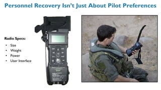 Radio Specs:
• Size
• Weight
• Power
• User Interface
Personnel Recovery Isn’t Just About Pilot Preferences
 