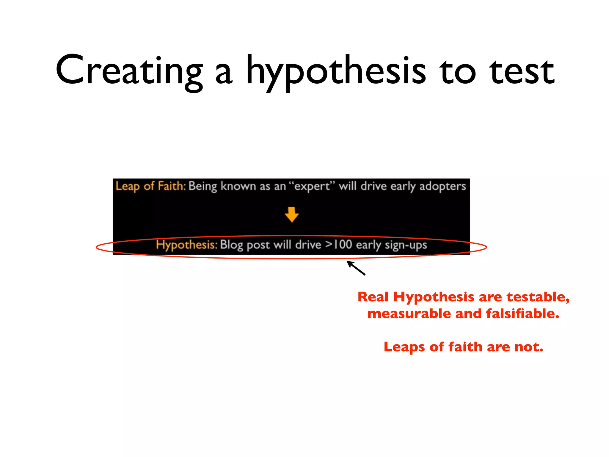 Creating a hypothesis to test




                 Real Hypothesis are testable,
                  measurable and falsiﬁable.

                    Leaps of faith are not.
 