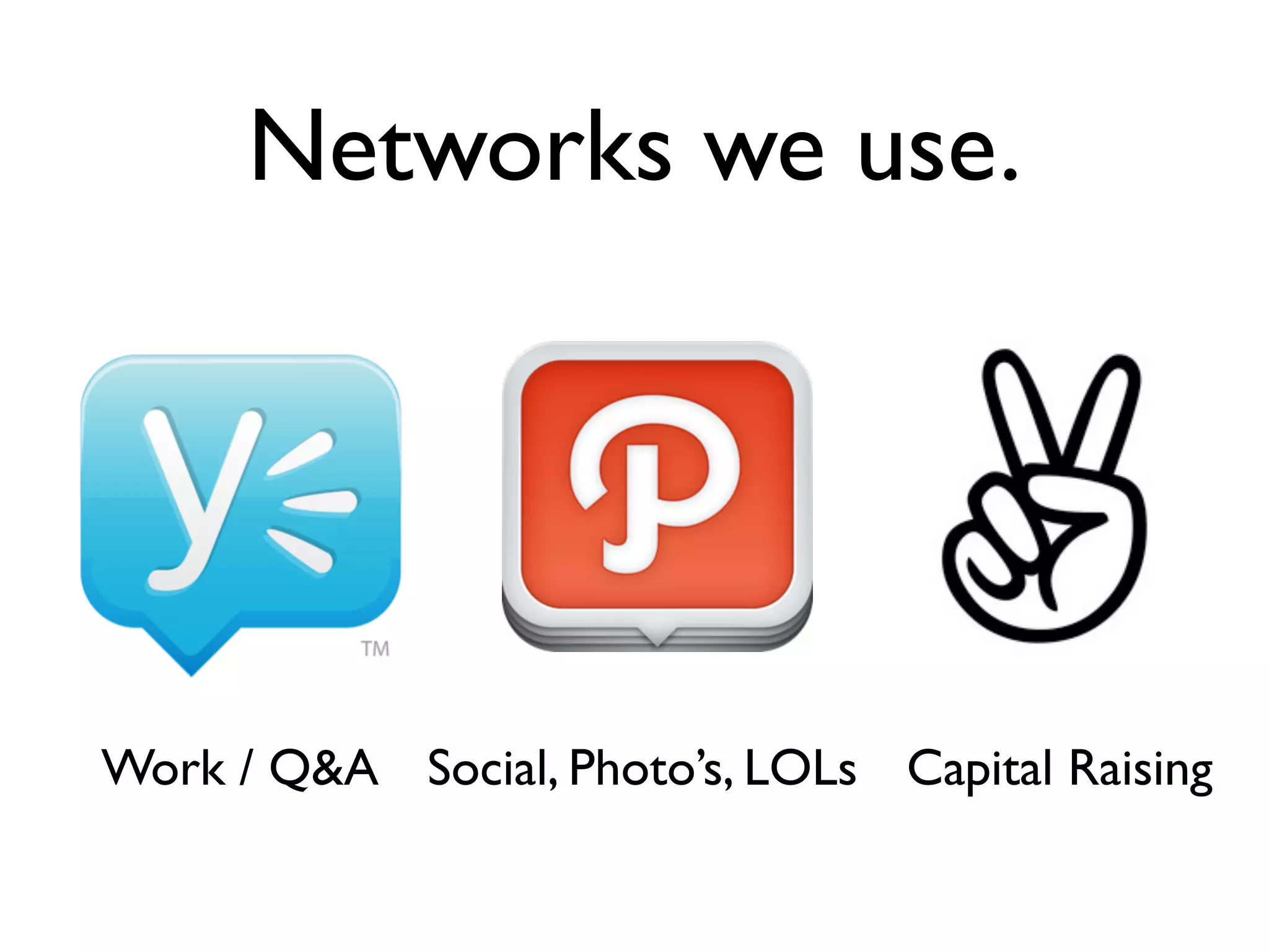 Networks we use.




Work / Q&A Social, Photo’s, LOLs Capital Raising
 