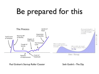 Be prepared for this




Paul Graham’s Startup Roller Coaster   Seth Godin’s - The Dip
 