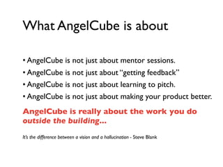 What AngelCube is about

• AngelCube is not just about mentor sessions.
• AngelCube is not just about “getting feedback”
• AngelCube is not just about learning to pitch.
• AngelCube is not just about making your product better.
AngelCube is really about the work you do
outside the building...
It’s the difference between a vision and a hallucination - Steve Blank
 