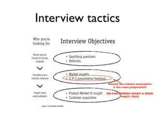Interview tactics



              Usually the riskiest assumption
                 is the value proposition!

              DO CUSTOMERS WANT & NEED
                     THIS??? TEST.
 