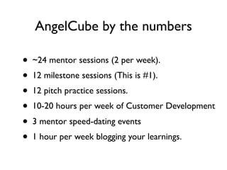 AngelCube by the numbers

• ~24 mentor sessions (2 per week).
• 12 milestone sessions (This is #1).
• 12 pitch practice sessions.
• 10-20 hours per week of Customer Development
• 3 mentor speed-dating events
• 1 hour per week blogging your learnings.
 
