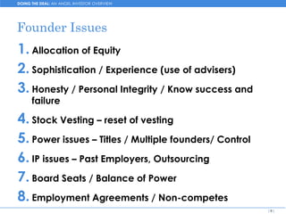 DOING THE DEAL: AN ANGEL INVESTOR OVERVIEW




Founder Issues
1. Allocation of Equity
2. Sophistication / Experience (use of advisers)
3. Honesty / Personal Integrity / Know success and
      failure

4. Stock Vesting – reset of vesting
5. Power issues – Titles / Multiple founders/ Control
6. IP issues – Past Employers, Outsourcing
7. Board Seats / Balance of Power
8. Employment Agreements / Non-competes
                                                        [8]
 
