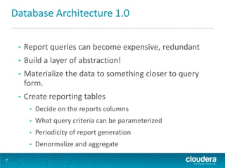 Database Architecture 1.0

     •   Report queries can become expensive, redundant
     •   Build a layer of abstraction!
     •   Materialize the data to something closer to query
         form.
     •   Create reporting tables
          •   Decide on the reports columns
          •   What query criteria can be parameterized
          •   Periodicity of report generation
          •   Denormalize and aggregate

7
 