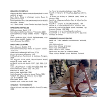 FORMACIÓN UNIVERSITARIA                                             3er. Premio de pintura Maestre Mateo. Priego, 1995
Licenciada en Bellas Artes y cursos de doctorado en la Facultad     Finalista en III Certamen de Pintura Rural. Caja Rural de Sevilla,
de BB.AA. de Sevilla                                                1995
Saint’s Martin College of art&design, Londres. Cursos de            1er Accésit de acuarela en GAUDI-94, centro catalán de
pintura “The next step”                                             Córdoba, 1994
École Regionale de Beaux Arts de Normandie, Francia. Estudios       Finalista en II Certamen de Pintura Rural de la Caja Rural de
de grabado y litografía                                             Sevilla, 1994
Saint´s Martin College, Londres. Estudios de grabado y litografía   Finalista en II Certamen de pintura Maestro Mateo, 1994
                                                                    Finalista en XV Salón de Otoño de pintura. Plasencia, 1993
EXPOSICIONES INDIVIDUALES                                           Finalista en Concurso de jóvenes pintores cordobeses. Caja
                                                                    Provincial, Córdoba 1992,1993
UBS banca privada. Madrid, 2010
                                                                    Seleccionada en los concursos Diego Monroy, Baena
Galería Carmen del Campo. Córdoba. “Polaridades”, 2009
                                                                    Seleccionada en la Primera bienal de la Excma. Diputación
Galería Carmen del Campo. Córdoba. “Retazos e imágenes”,
                                                                    Provincial de Córdoba
2007
Galería Carmen del Campo. Córdoba. “Obras Recientes”, 2002
                                                                    OBRAS EN COLECCIONES PÚBLICAS
Centro Cultural CAJASUR. Córdoba, 1997
Galería Recoletos. Madrid 1994                                      Museo del COMITÉ OLÍMPICO INTERNACIONAL. Lausanne,
                                                                    Suiza
EXPOSICIONES COLECTIVAS                                             CAJA RURAL de Sevilla
                                                                    Excmo. Ayto. de Priego de Córdoba
Museo Diocesano. Córdoba, 2010
                                                                    Excmo. Ayto. de Ciudad Real
Galería Carmen del Campo, “Artistas de la Galería”. Córdoba,
                                                                    Centro Cultural CAJASUR. Córdoba
2002-2010
                                                                    Excmo. Ayto. de O Barco de Valdeoiras. Orense
Ilustre Colegio de Abogados de Córdoba 2009
                                                                    Museo comarcal Martínez Lozano. Montblanc, Tarragona
Cámara de Comercio de Zaragoza, 2008
III Nit de la pintura, Ayuntamiento de Montblanc, Tarragona,
2007
Arco. Programa iniciarte, stand Junta de Andalucía. Galería
Carmen del Campo. Madrid, 2007
Art Madrid. Feria de arte. Madrid, 2007, 2008, 2009,2010,
2011
Centro cultural CAJASUR. Córdoba, 2001,2002, 2003, 2004
Galería Felix Gómez. Sevilla 1995, 1997,2000
Galería Pro-Art. Madrid, 1997
Galería Haurie. Sevilla 1995, 1996
Galería Recoletos “La estética del deporte”. Madrid, 1995
“Valdearte 96”, O Barco de Valdeoiras. Orense,1995
Ayto. de Ciudad Real, 1995
Galería Arlés. Madrid, 1994
Patronato Adolfo Lozano Sidro. Priego, 1994

CONCURSOS Y RECONOCIMIENTOS
I Premio Concurso Internacional de Pintura “Grupo HC Hoteles”,
2008

                                                                                                                                   23
 
