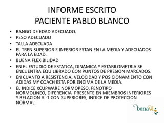 INFORME ESCRITO
PACIENTE PABLO BLANCO
•
•
•
•
•
•
•
•
RANGO DE EDAD ADECUADO.
PESO ADECUADO
TALLA ADECUADA
EL TREN SUPERIOR E INFERIOR ESTAN EN LA MEDIA Y ADECUADOS
PARA LA EDAD.
BUENA FLEXIBILIDAD
EN EL ESTUDIO DE ESTATICA, DINAMICA Y ESTABILOMETRIA SE
ENCUENTRA EQUILIBRADO CON PUNTOS DE PRESION MARCADOS.
EN CUANTO A RESISTENCIA, VELOCIDAD Y POSICIONAMIENTO CON
ADIDAS MY COACH ESTA POR ENCIMA DE LA MEDIA.
EL INDICE XCUPWARE NORMOPESO, FENOTIPO
NORMOLINEO, DIFERENCIA PRESENTE EN MIEMBROS INFERIORES
Y RELACION A -1 CON SUPERIORES, INDICE DE PROTECCION
NORMAL.
