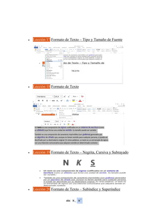  Lección 17 Formato de Texto – Tipo y Tamaño de Fuente
 Lección 18 Formato de Texto
 Lección 19 Formato de Texto – Negrita, Cursiva y Subrayado
 Lección 20 Formato de Texto – Subíndice y Superíndice
 