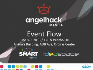 Event	
  Flow	
  
June	
  8-­‐9,	
  2013	
  /	
  12F	
  &	
  Penthouse,	
  	
  
Anson’s	
  Building,	
  ADB	
  Ave,	
  OrCgas	
  Center	
  
 