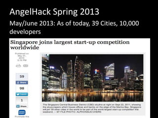 AngelHack Spring 2013
May/June 2013: As of today, 39 Cities, 10,000
developers
 