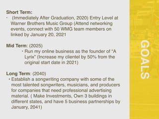GOALS
Short Term:
• (Immediately After Graduation, 2020) Entry Level at
Warner Brothers Music Group (Attend networking
events, connect with 50 WMG team members on
linked by January 20, 2021
Mid Term: (2025)
‣ Run my online business as the founder of “A
Lyrix” (Increase my clientel by 50% from the
original start date in 2021)
Long Term: (2040)
• Establish a songwriting company with some of the
most talented songwriters, musicians, and producers
for companies that need professional advertising
material. ( Make Investments, Own 3 buildings in
different states, and have 5 business partnerships by
January, 2041)
 