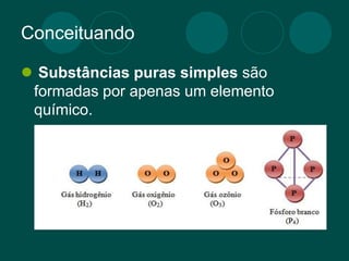 Conceituando
 Substâncias puras simples são
formadas por apenas um elemento
químico.
 