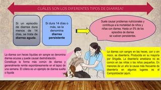 La diarrea con heces líquidas sin sangre se denomina
diarrea acuosa y puede causar deshidratación.
Constituye la forma más común de diarrea y
generalmente remite espontáneamente en el lapso de
una semana. El cólera es un ejemplo de diarrea suelta
o líquida
CUÁLES SON LOS DIFERENTES TIPOS DE DIARREA?
Si un episodio
de diarrea dura
menos de 14
días, se trata de
diarrea aguda.
Si dura 14 días o
más, se la
denomina
diarrea
persistente
Suele causar problemas nutricionales y
contribuye a la mortalidad de niños y
niñas con diarrea. Hasta un 5% de los
episodios de diarrea
se vuelven persistentes.
La diarrea con sangre en las heces, con o sin
moco, es disentería. Producida en su mayoría
por Shigella. La disentería amebiana no es
común en las niñas o los niños pequeños. En
menores de un año la causa más frecuente de
disentería en algunos lugares es el
Campylobacter jejuni.
 