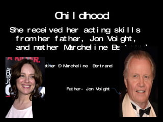 Childhood She received her acting skills from her father, Jon Voight, and mother Marcheline Bertrand. Mother – Marcheline  Bertrand Father- Jon Voight 
