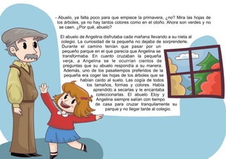 - Abuelo, ya falta poco para que empiece la primavera, ¿no? Mira las hojas de
los árboles, ya no hay tantos colores como en el otoño. Ahora son verdes y no
se caen. ¿Por qué, abuelo?
El abuelo de Angelina disfrutaba cada mañana llevando a su nieta al
colegio. La curiosidad de la pequeña no dejaba de sorprenderle.
Durante el camino tenían que pasar por un
pequeño parque en el que parecía que Angelina se
transformaba. En cuanto cruzaban la pequeña
verja, a Angelina se le ocurrían cientos de
preguntas que su abuelo respondía a su manera.
Además, uno de los pasatiempos preferidos de la
pequeña era coger las hojas de los árboles que se
habían caído al suelo. Las cogía de todos
los tamaños, formas y colores. Había
aprendido a secarlas y le encantaba
coleccionarlas. El abuelo Eloy y
Angelina siempre salían con tiempo
de casa para cruzar tranquilamente su
parque y no llegar tarde al colegio.
 