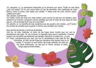-Sí, pequeña, sí. La primavera empezará ya la semana que viene. Fíjate en ese árbol,
¿ves sus hojas? Ya no son como hace un par de semanas, han cambiado de color.
Ahora, como tú dices, casi todas son verdes. Y antes eran de color marrón rojizo.
¿Sabes por qué?
-No, abuelo, cuéntamelo.
-En otoño, como los días son más cortos y hay menos luz del sol, los árboles, para
sobrevivir al invierno, producen menos clorofila; por eso el color de sus hojas es más
oscuro. ¿Te acuerdas de lo que es la clorofila?
-Sí, abuelo, sí. La clorofila es esa sustancia que les ayuda a ser verdes, ¿no? Como
los chicles de clorofila que le gustan a mamá, que también son verdes.
Eloy asintió sonriendo y continuó diciéndole:
-Así es, mi niña. Además, el color de las hojas tiene mucho que ver con la
temperatura del lugar. Te voy a poner un ejemplo para que lo entiendas. Cuando
vamos a la montaña nos tenemos que abrigar más para no pasar frío, ¿a que
sí? Pues, precisamente por eso, por ser la temperatura más baja en las
montañas, el color de las hojas se mantiene más tiempo que en la
ciudad. Y, aunque no sea otoño, las hojas también se caen en
las otras estaciones: ya sea por el viento, porque el árbol
tenga alguna enfermedad…
 