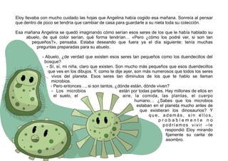 Eloy llevaba con mucho cuidado las hojas que Angelina había cogido esa mañana. Sonreía al pensar
que dentro de poco se tendría que cambiar de casa para guardarle a su nieta toda su colección.
Esa mañana Angelina se quedó imaginando cómo serían esos seres de los que le había hablado su
abuelo, de qué color serían, qué forma tendrían… «Pero ¿cómo los podré ver, si son tan
pequeños?», pensaba. Estaba deseando que fuera ya el día siguiente: tenía muchas
preguntas preparadas para su abuelo.
- Abuelo, ¿de verdad que existen esos seres tan pequeños como los duendecillos del
bosque?
- Sí, sí, mi niña, claro que existen. Son mucho más pequeños que esos duendecillos
que ves en los dibujos. Y, como te dije ayer, son más numerosos que todos los seres
vivos del planeta. Esos seres tan diminutos de los que te hablo se llaman
microbios.
- Pero entonces…, si son tantos, ¿dónde están, dónde viven?
- Los microbios están por todas partes. Hay millones de ellos en
el suelo, el aire, la comida, las plantas, el cuerpo
humano… ¿Sabes que los microbios
estaban en el planeta mucho antes de
que existieran los dinosaurios? Y
q u e , a d e m á s , s i n e l l o s ,
p r o b a b l e m e n t e n o
podríamos vivir –le
respondió Eloy mirando
fijamente su carita de
asombro.
 