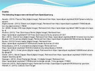 Credits:
The following Images were retrieved from Openclipart.org.
Aquatic. (2010). Plasma Telly [digital image]. Retrieved from https://openclipart.org/detail/33247/plasma-telly-by-
aquatic
Algotruneman. (2013). Ebook Icon [digital image]. Retrieved from https://openclipart.org/detail/179942/ebook-
icon-by-algotruneman-179942
AJ. (2008). Simple VHS tape [digital image]. Retrieved from https://openclipart.org/detail/18997/simple-vhs-tape-
by-aj
Anarres. (2015). Tree Club House Remix [digital image]. Retrieved from
https://openclipart.org/detail/211237/tree-club-house-remix-by-anarres-211237
Ben. (2010). Internet Icon [digital image]. Retrieved from https://openclipart.org/detail/86401/internet-icon-by-ben
Bluepal. (2010).camera [digital image]. Retrieved from https://openclipart.org/detail/82795/camera-by-bluepal
Bocian. (2015).E-book reader [digital image]. Retrieved from
https://openclipart.org/detail/211639/e-book-reader-by-bocian-211639
Edoardoposa. (2014). A smartphone [digital image]. Retrieved from
https://openclipart.org/detail/193433/smartphone-by-edoardoposa-193433
Gsagri04. (2011). Smart phone [digital image]. Retrieved from https://openclipart.org/detail/136993/smart-phone-
by-gsagri04
Gnokii. (2011). Movie Clapper Board [digital image]. Retrieved from https://openclipart.org/detail/130297/movie-
clapper-board-by-gnokii
Gezegen. (2012). Email Rectangle Simple_10 [digital image]. Retrieved from
https://openclipart.org/detail/170593/email-rectangle-simple_10-by-gezegen-170593
Gramzon.(2010). Book [digital image]. Retrieved from https://openclipart.org/detail/67633/book-by-gramzon
Hildreth, A. (2015). Callouts: Don't forget!
 