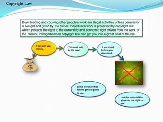 Downloading and copying other people's work are illegal activities unless permission
is sought and given by the owner. Individual’s work is protected by copyright law
which protects the right to the ownership and economic right driven from the work of
the creator. Infringement on copyright law can get you into a great deal of trouble.
If you check
before you
download.
This need not
be the case!
It can cost
you money.
Some works are
free for the general
public to use.
Look for material
that gives you the
right to use.
Copyright Law
 