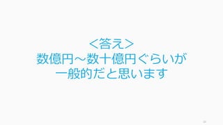 10
＜答え＞
数億円〜数⼗億円ぐらいが
⼀般的だと思います
 