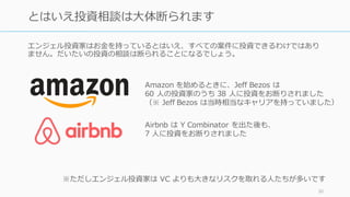 エンジェル投資家はお⾦を持っているとはいえ、すべての案件に投資できるわけではあり
ません。だいたいの投資の相談は断られることになるでしょう。
30
とはいえ投資相談は⼤体断られます
Amazon を始めるときに、Jeff Bezos は
60 ⼈の投資家のうち 38 ⼈に投資をお断りされました
（※ Jeff Bezos は当時相当なキャリアを持っていました）
Airbnb は Y Combinator を出た後も、
7 ⼈に投資をお断りされました
※ただしエンジェル投資家は VC よりも⼤きなリスクを取れる⼈たちが多いです
 
