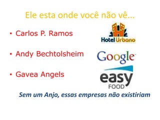 Ele esta onde você não vê...
• Carlos P. Ramos
• Andy Bechtolsheim
• Gavea Angels
Sem um Anjo, essas empresas não existiriam
 