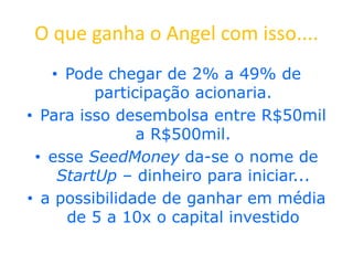 O que ganha o Angel com isso....
• Pode chegar de 2% a 49% de
participação acionaria.
• Para isso desembolsa entre R$50mil
a R$500mil.
• esse SeedMoney da-se o nome de
StartUp – dinheiro para iniciar...
• a possibilidade de ganhar em média
de 5 a 10x o capital investido
 